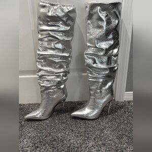 Silver Knee-High 4" Heel Boots, Size 41 (9), Worn Once